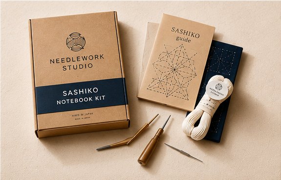 Jūji Hanazashi Sashiko notebook kit with embroidered kraft notebook and stitching tools