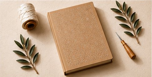 Sakura Hitomezashi Sashiko notebook with embroidery thread, needle and botanical details