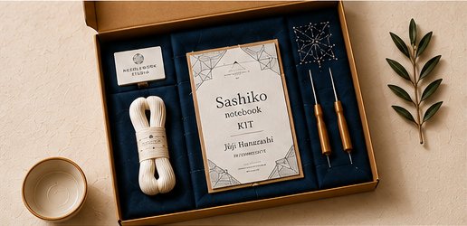 Sashiko notebook kit with kraft notebook, embroidery thread, needle, awl, pattern template and step-by-step guide